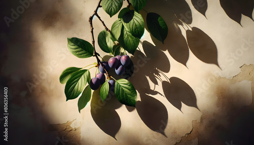 Composition artistique de prunier avec fruits violets en lumière naturelle photo