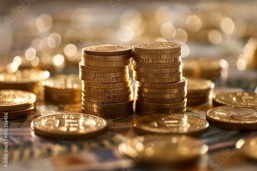 Gold coins on the table, money, cash, wealth and success