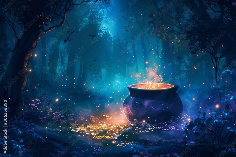 Enchanted Forest Night Scene With Mysterious Cauldron Enchanted Forest Night Scene With Mysterious Cauldron
