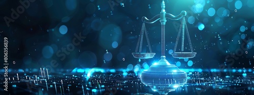 The image features a digital scale, representing justice, with a cityscape in the background. The scene has a blue, dark tone with bokeh effects.