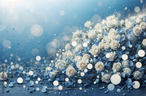 Elegant floral arrangement of blue and white roses petals scattered. Flowers background. photo