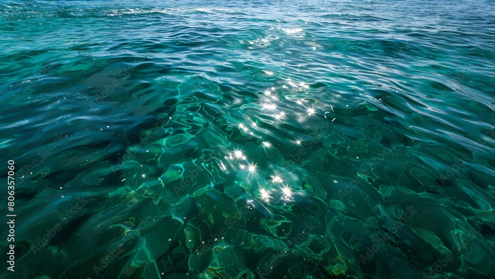 Beautiful clear blue ocean water surface with bright sun caustics reflecting off the sandy bottom Beautiful clear blue ocean water surface with bright sun caustics reflecting off the sandy bottom