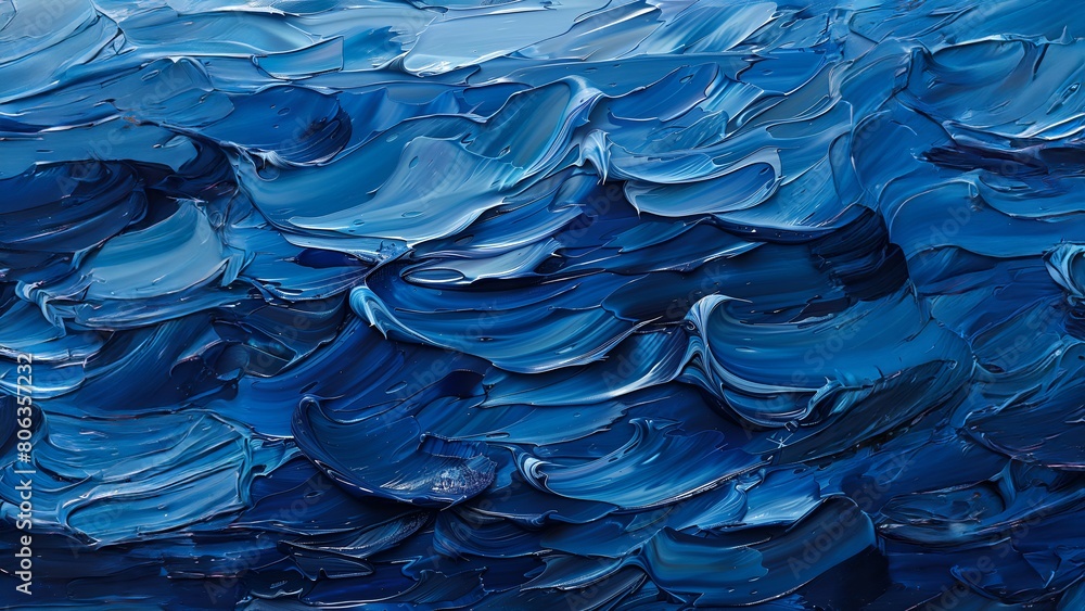 Abstract blue oil painting of ocean waves with thick oil paint texture ...