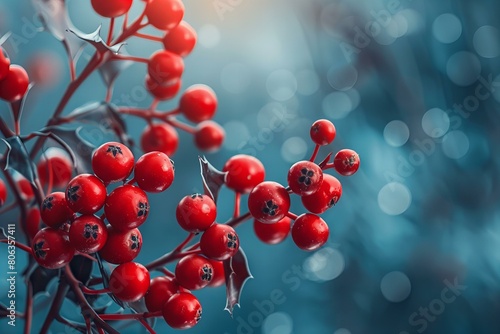 Vibrant Red Holly Berries on a Blue Wintry Background