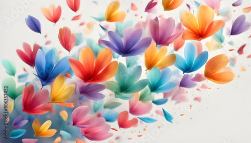  Cinema image view of flying multicolored flower petals