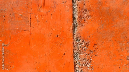 Bright orange concrete wall with a rough texture and visible cracks and a seam photo