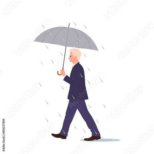Businessman cartoon character with umbrella walking on street during rainfall isolated on white