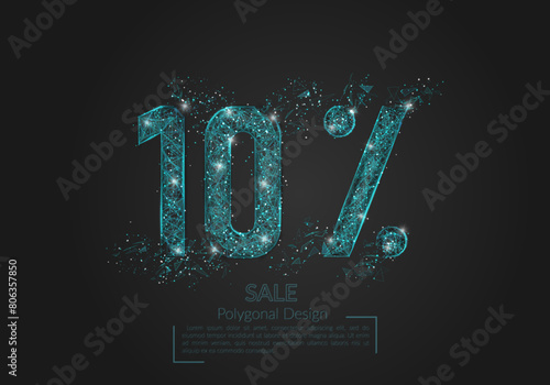 Abstract isolated blue 10 percent sale concept. Polygonal illustration looks like stars in the black night sky in space or flying glass shards. Digital design for website, web, internet.