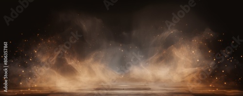 Brown smoke empty scene background with spotlights mist fog with gold glitter sparkle stage studio interior texture for display products blank 