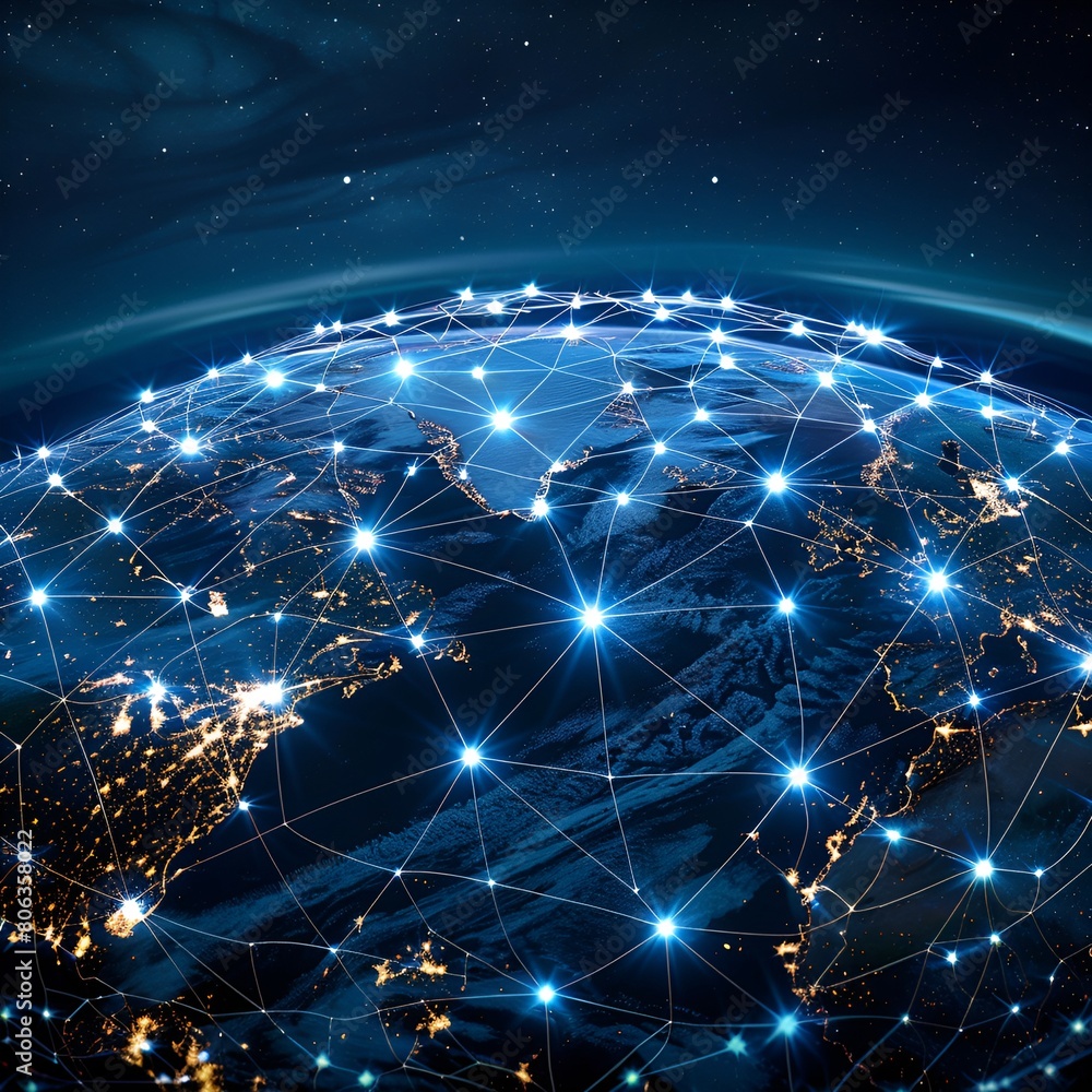 Artistic illustration of planet Earth with glowing network connections Artistic illustration of planet Earth with glowing network connections