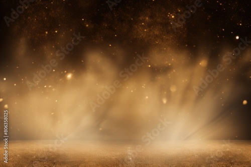 Brown smoke empty scene background with spotlights mist fog with gold glitter sparkle stage studio interior texture for display products blank 