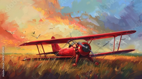 A biplane red aircraft. The background is a meadow and at sunset, some birds are flying. generated with AI