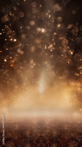 Brown smoke empty scene background with spotlights mist fog with gold glitter sparkle stage studio interior texture for display products blank 