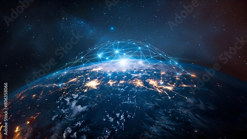 Artistic illustration of planet Earth from space showing a glowing network of connections #806358066