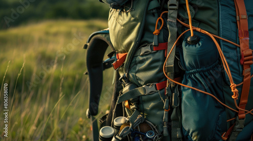 Close-up of a backpack with various hiking essentials attached. photo