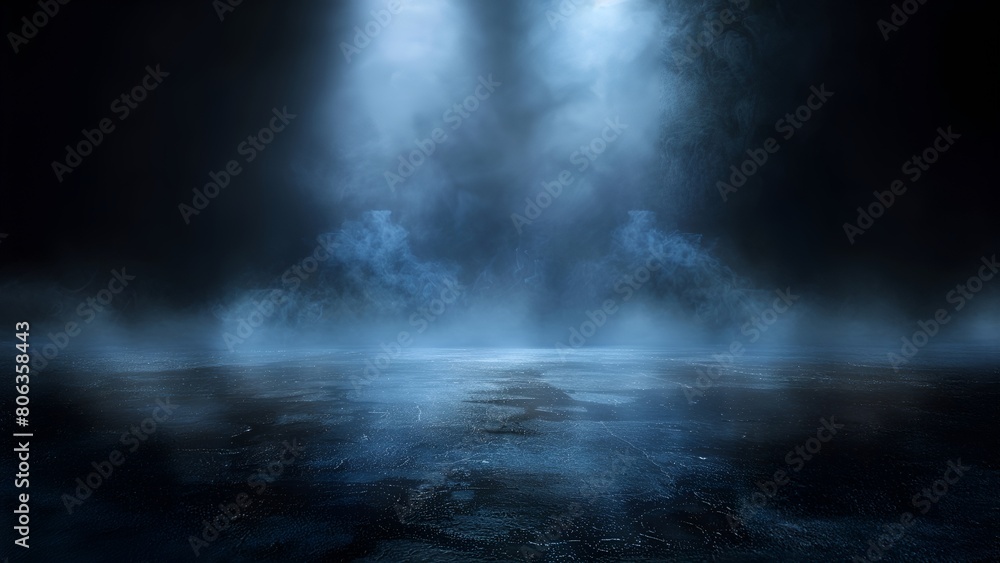 Dark and mysterious empty room with a wet concrete floor and spotlights shining through the smoke