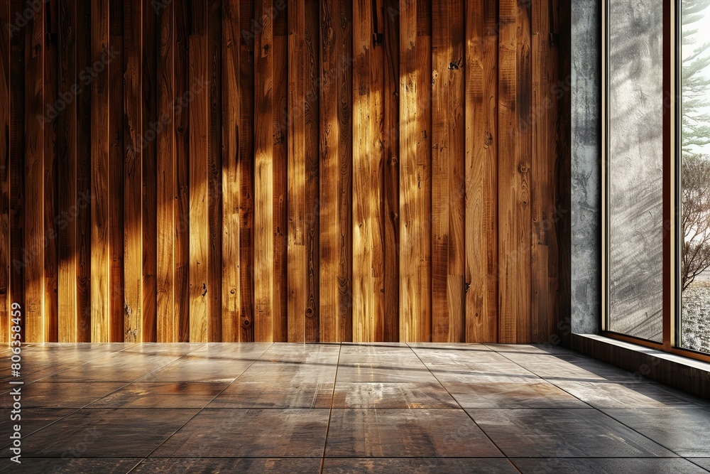 Spacious Empty Room With Wooden Walls And Large Window Spacious Empty Room With Wooden Walls And Large Window