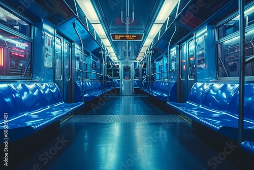 Modern Subway Train Interior with Blue Seats and Lighting