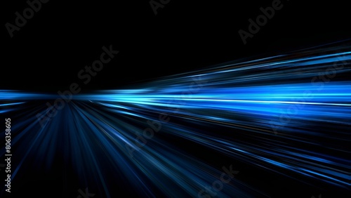 Blue light streaks in the dark resembling speed and motion, suitable for a technology background