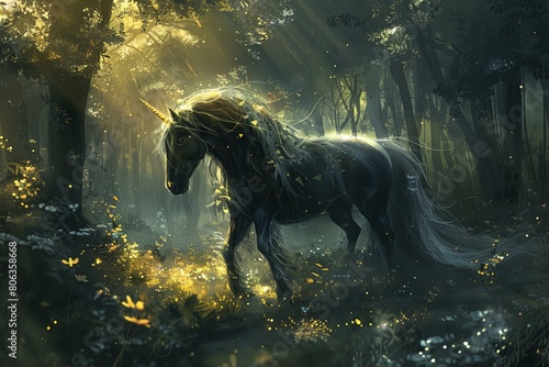 Mystical Unicorn Walking in a Sunlit Forest © Sandu