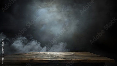 Dark and mysterious wooden table with a smoky background