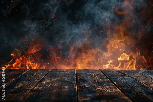 Intense Fire Burning at the Edge of a Wooden Table at Night