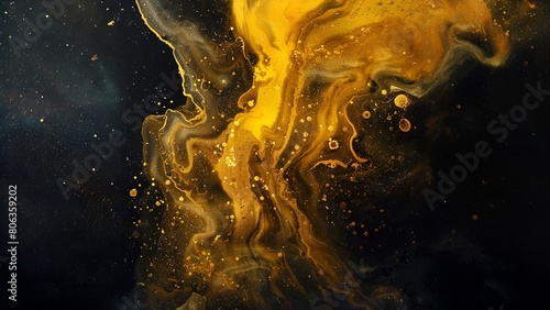 Abstract painting with gold and black acrylic paints creating a unique and mesmerizing fluid art pattern