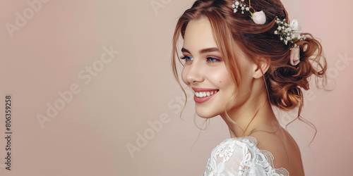 A smiling bride with a floral hairpiece and lace dress against a soft pink background. photo