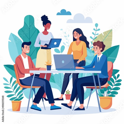 Business process and teamwork concept showing a dedicated team in a brainstorming meeting sharing ideas, colored vector illustration photo