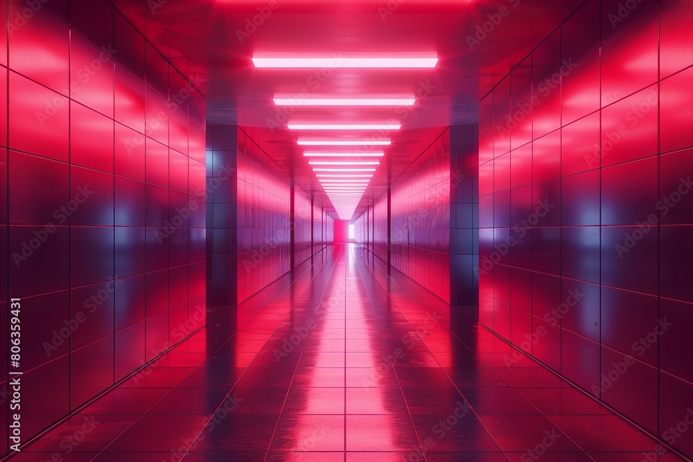 Futuristic Red-Lit Hallway With Neon Lights and Reflections