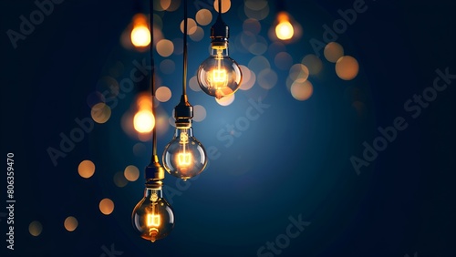 Glowing tungsten light bulbs hanging from black cords against a dark blue background with golden bokeh lights photo