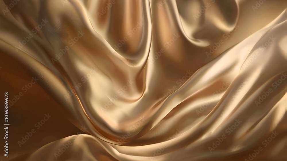 Fototapeta premium Golden silk fabric with smooth folds and waves, luxurious satin texture closeup