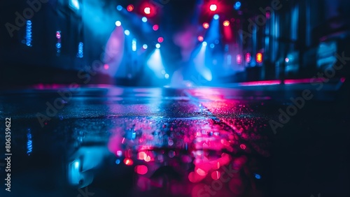 Abstract blurry urban colorful lights on wet asphalt road with rain puddles at night