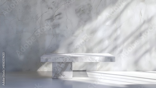 Minimalist white marble podium with sunlight and shadows on cracked marble background for product presentation