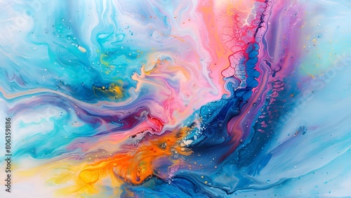Colorful abstract painting with vibrant blue, pink, and orange hues