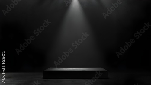 Black concrete pedestal or stage under bright spotlight in dark background for displaying products