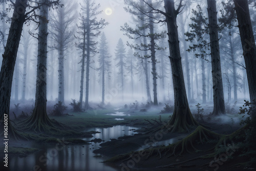 Serene yet Eerie Dawn in a Dense Marshland Forest with Fog photo