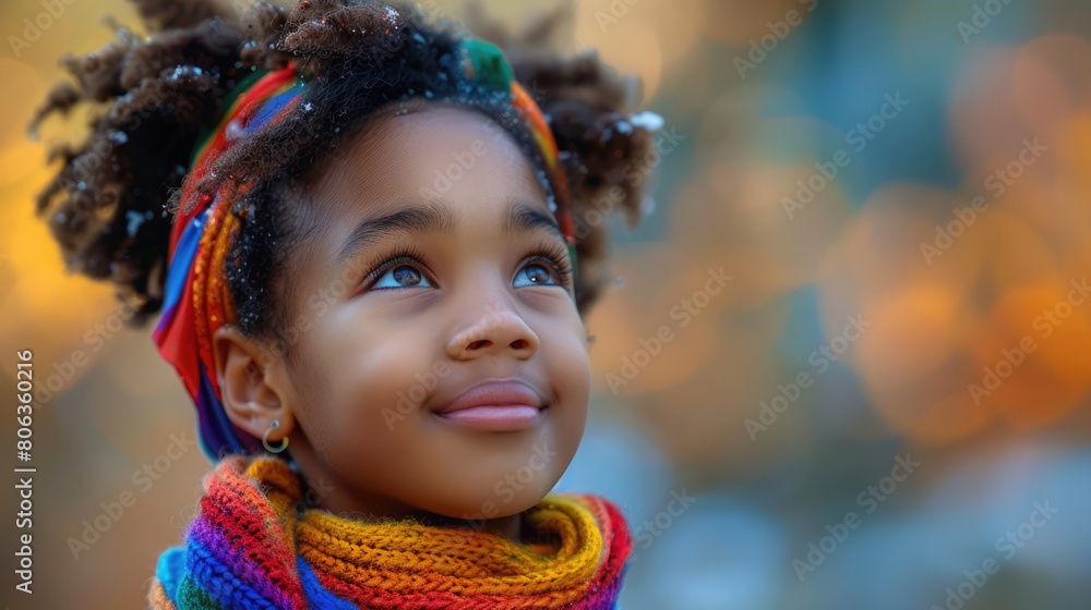 Happy young African American girl wearing pride rainbow flag looking up into the sky Happy young African American girl wearing pride rainbow flag looking up into the sky