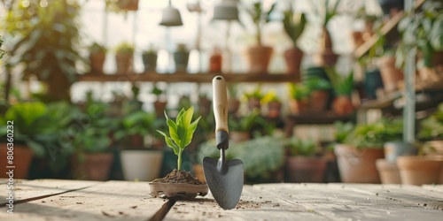 Glowing succulent and shovel on the wooden table. Gardening concept. photo