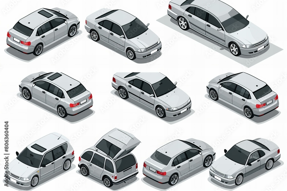 Isometric Gray Sedan Car Collection Displayed from Different Angles