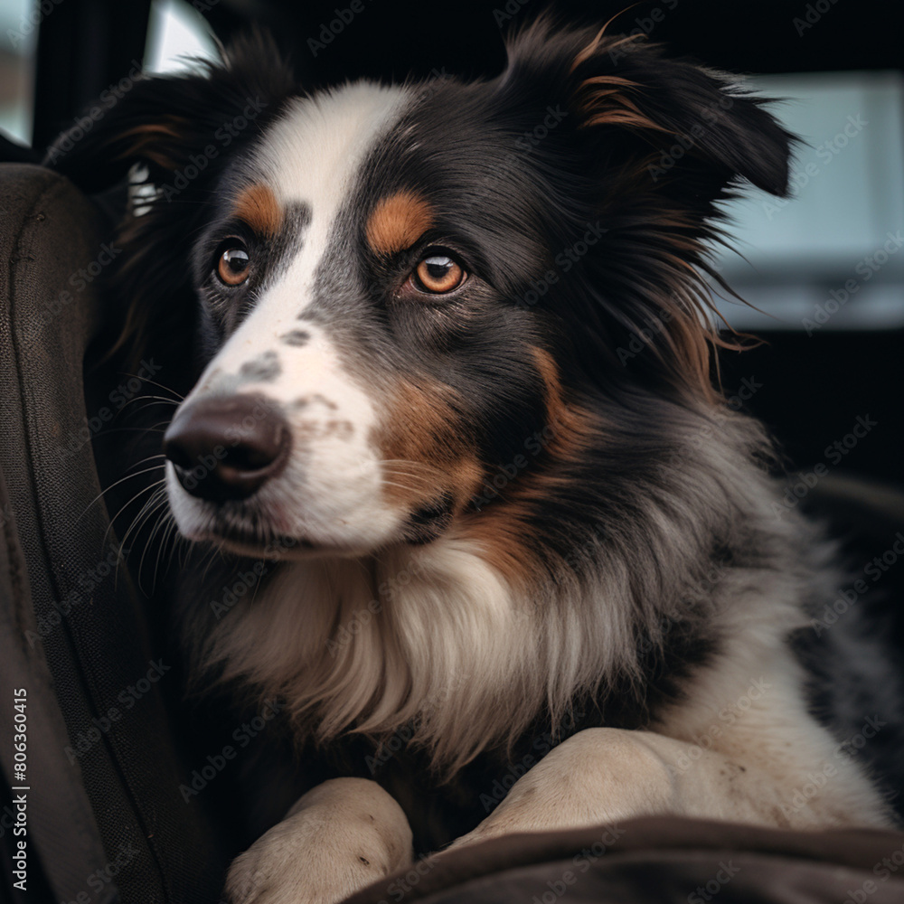 portrait of a dog in a car