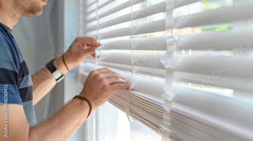 Man adjusting white blinds in a well-lit room, concept of privacy and home comfort. Simple home interior style, clean and modern. Bright daylight scene. AI