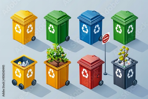 Colorful Recycle Bins in Isometric View for Waste Segregation photo