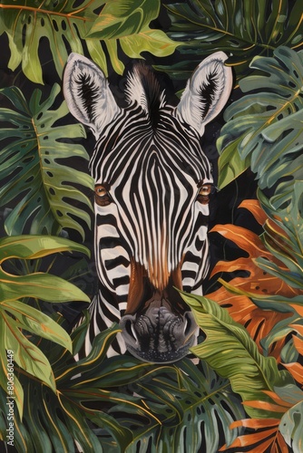 A hand painting of an african zebra hiding in monstera looking mysterious. simplistic  modern   generated with ai