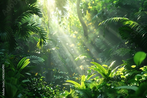 Sunlight Piercing Through Lush Green Jungle Foliage