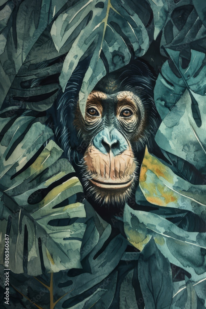 Φωτογραφία A hand painting watercolor of an african orang utan hiding in a monstera looking mysterious