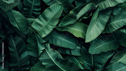 Closeup of lush, dark green banana leaves with visible veins, suitable for use as a background