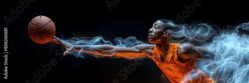 man about to catch basketball, smoke coming out of his body instead of sweat photo