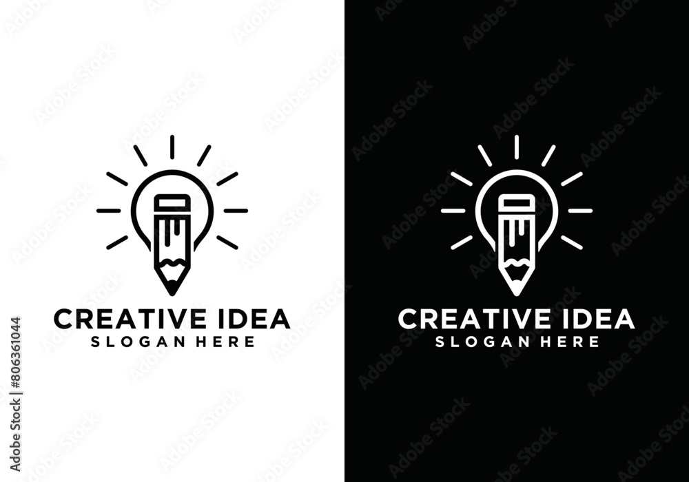 Creative idea design logo template. combination of light bulb and pencil design. Creative idea vector design and smart writer logo type Creative idea design logo template. combination of light bulb and pencil design. Creative idea vector design and smart writer logo type