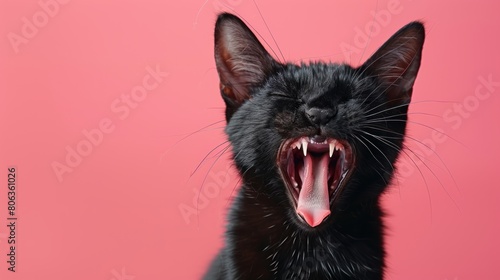 Oriental, angry cat baring its teeth, studio lighting pastel background
